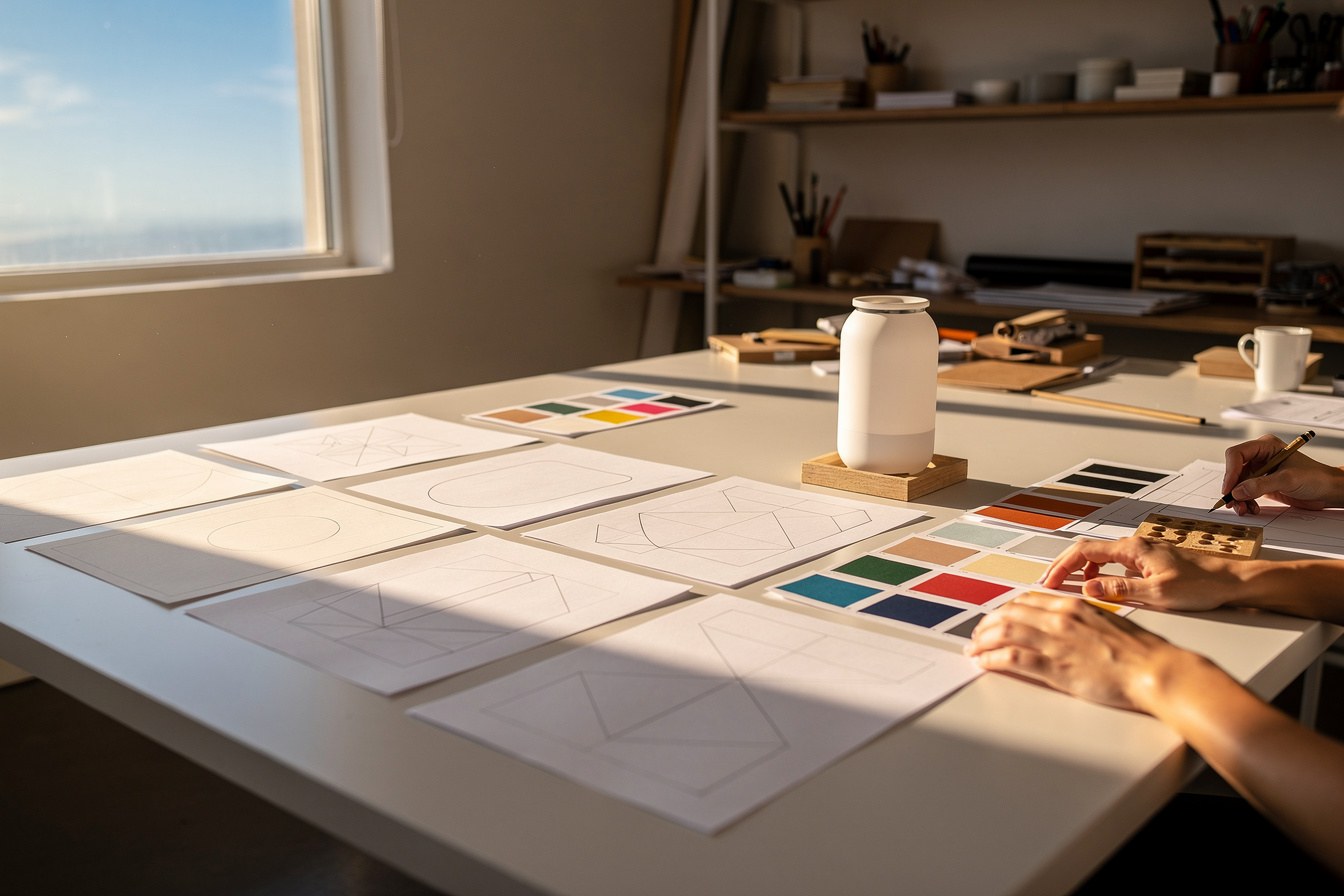 Close view of a sole designer's sketches and product model on a studio table, standing in for a year of unfunded work.