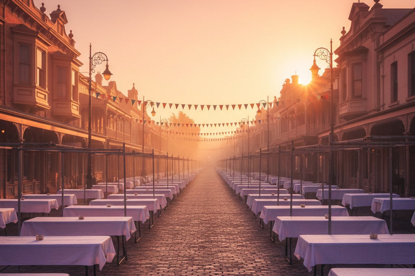 An empty street lined with food stall frames at dawn, the road stretching ahead into the distance, evoking the longer runway of a later grant round.