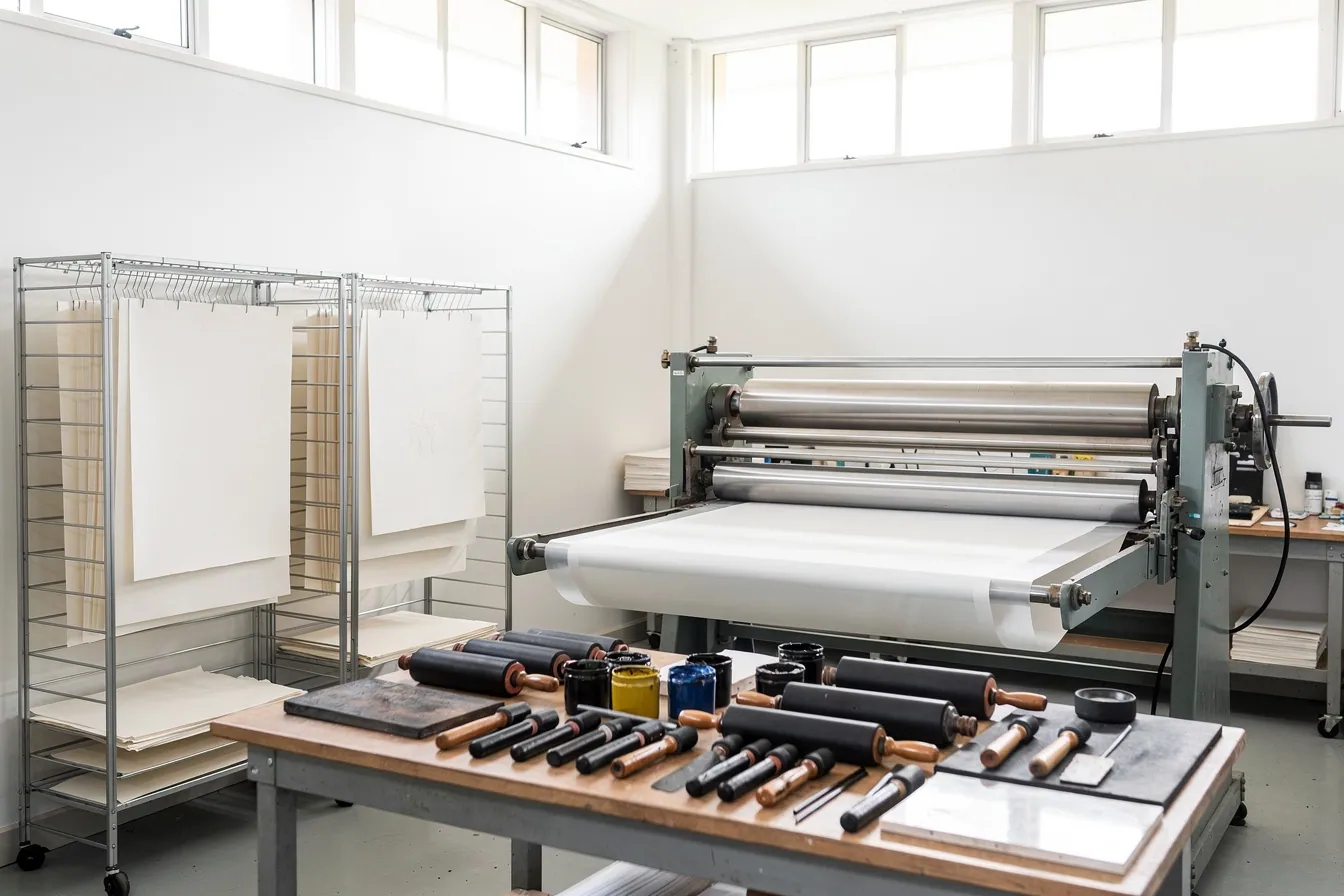 A printmaking studio with a large press and racks for drying prints, lit by morning light.