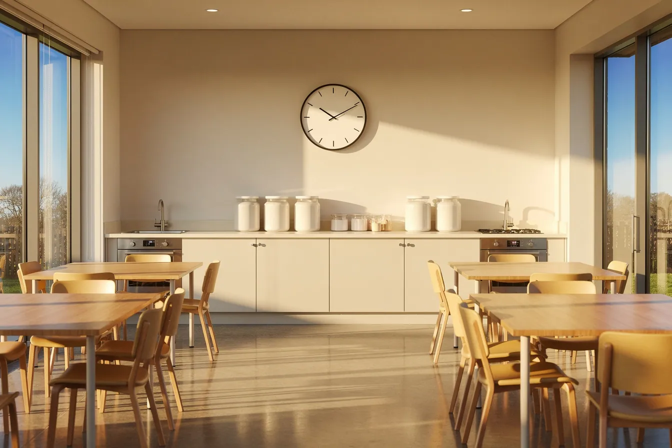 A wall clock showing nearly 1pm above an empty community kitchen servery, suggesting a lunchtime deadline.