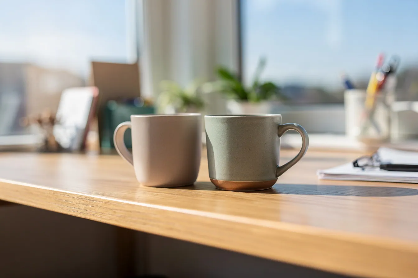 Two mugs sitting side by side on a shelf, representing two grant rounds managed together in one place.