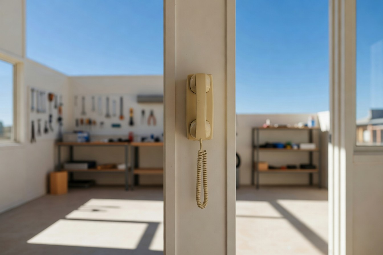 A wall phone by a workroom doorway, standing in for the advice call that matters as much as the grant