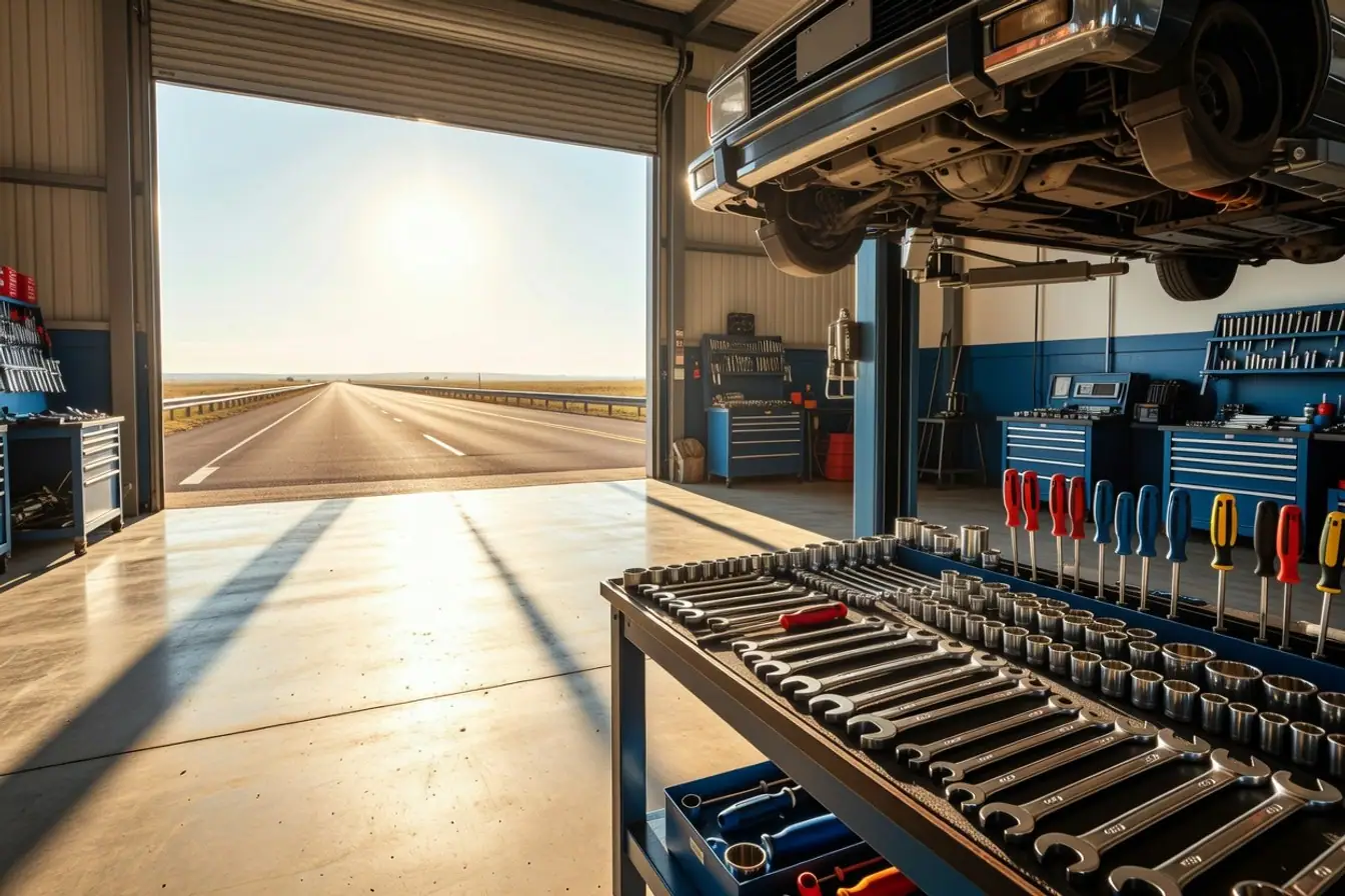 An empty regional mechanic's workshop with a car on the hoist and an empty highway visible through the open roller door.