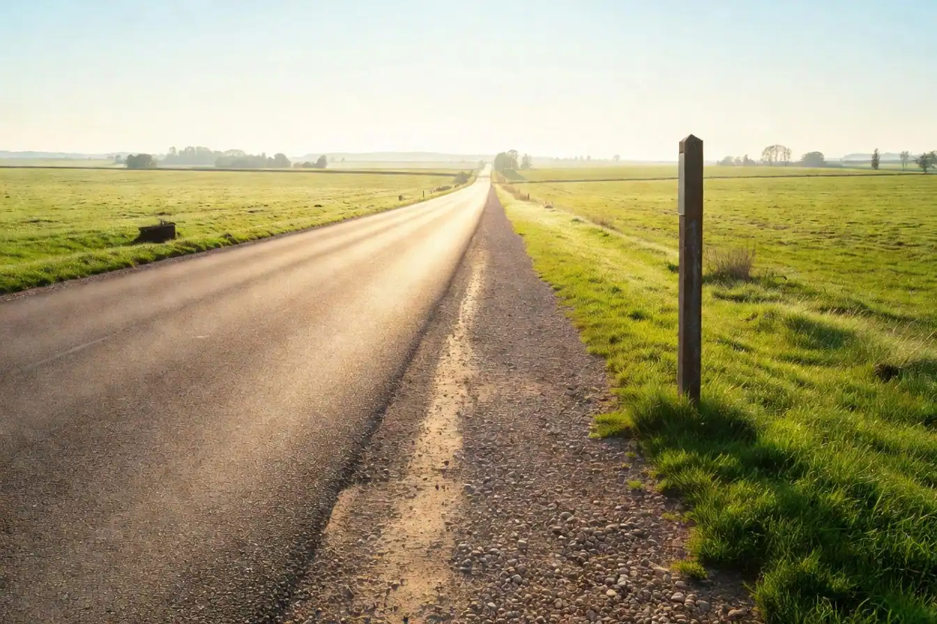 A rural road boundary post marking where one locality ends and another begins, evoking a line an applicant is either inside or outside of.