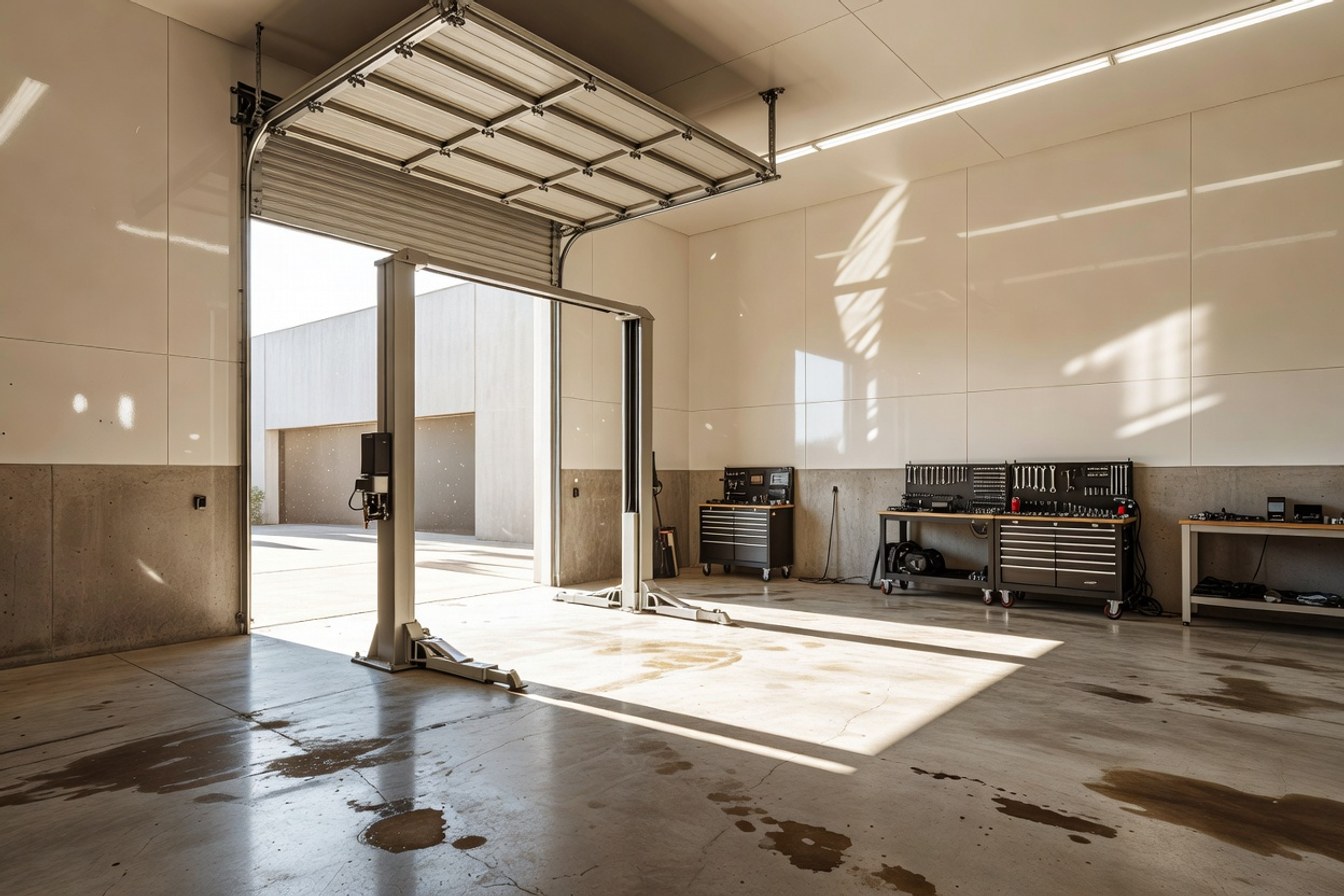 A regional mechanic's workshop with an idle vehicle hoist and flood stains still visible low on the walls, roller door open to daylight.