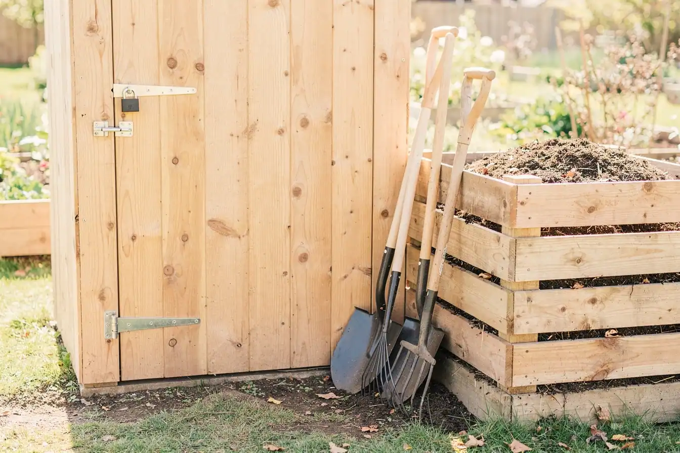 A padlocked shed and compost bays at a suburban community garden.