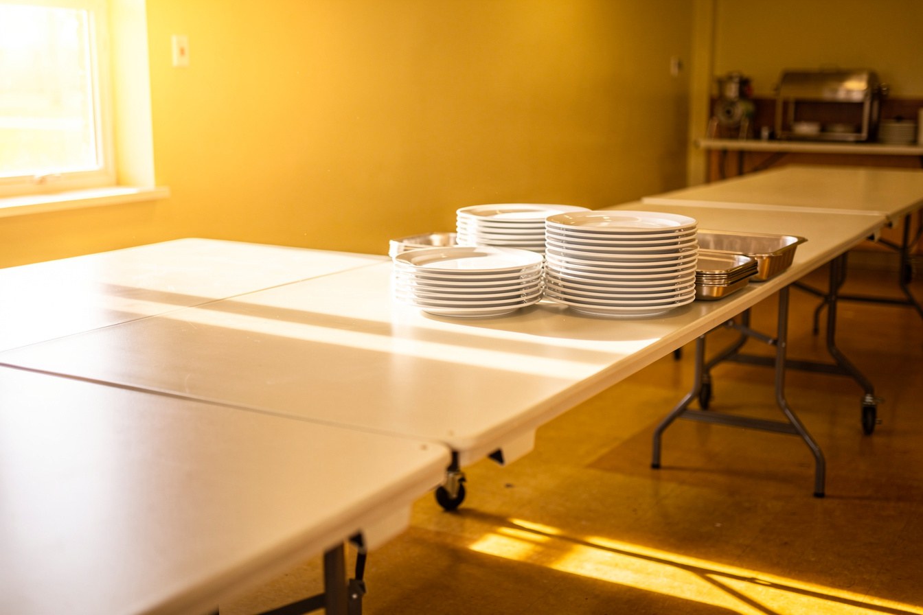 A mostly empty trestle table with a few stacked plates, suggesting a shared meal that has been scaled back to fit a strict budget limit.