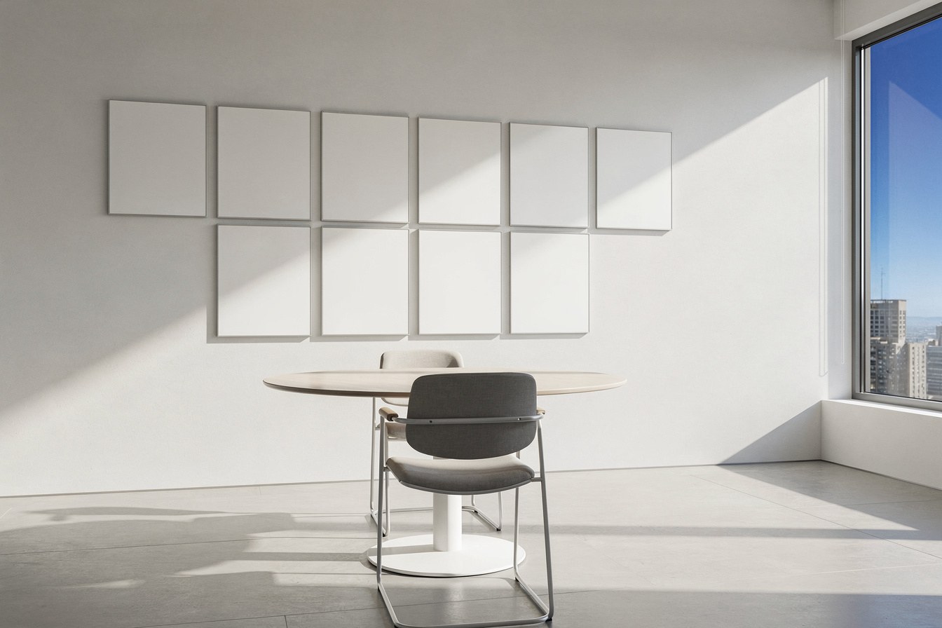 An empty meeting room with a chair pushed back, suggesting time running down before a deadline.