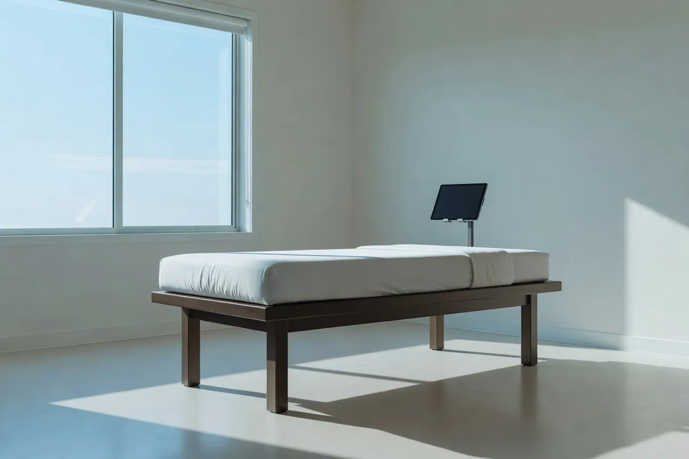 A tablet set up for telehealth on a stand beside a treatment bed in a regional physio clinic, showing a defined project rather than everyday running costs.
