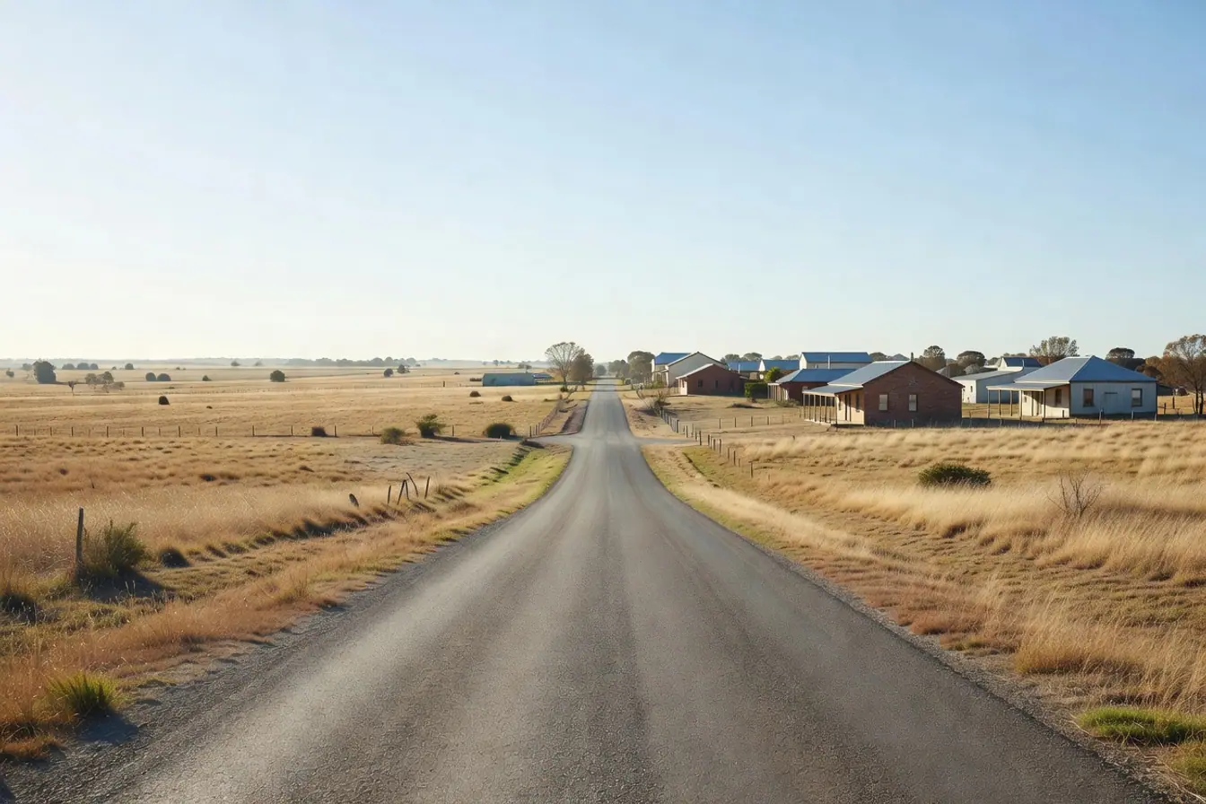 An open regional road where town meets paddock, standing in for the unclear line between what counts as regional and what doesn't.