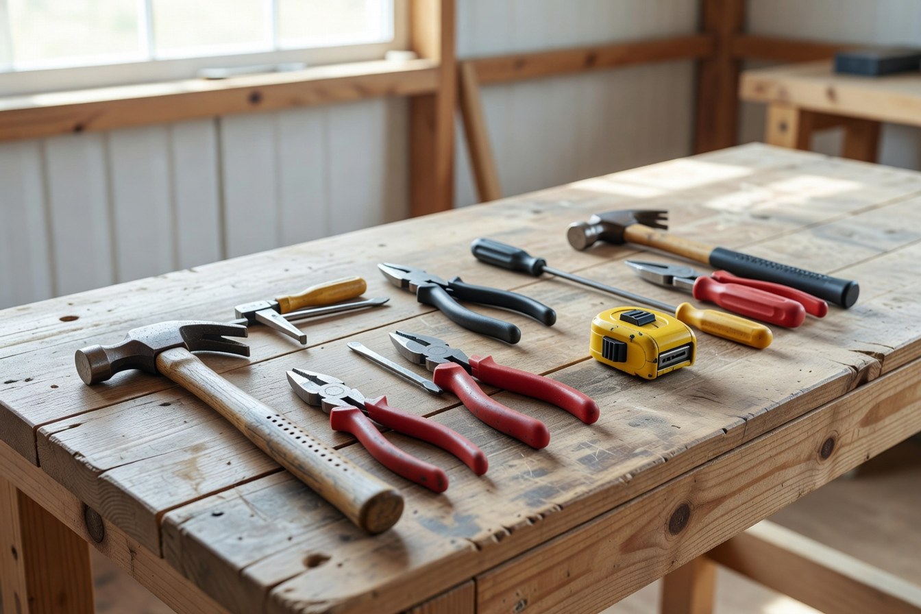 Hand tools and a tape measure laid neatly on a workshop bench, ready before any quote is priced.