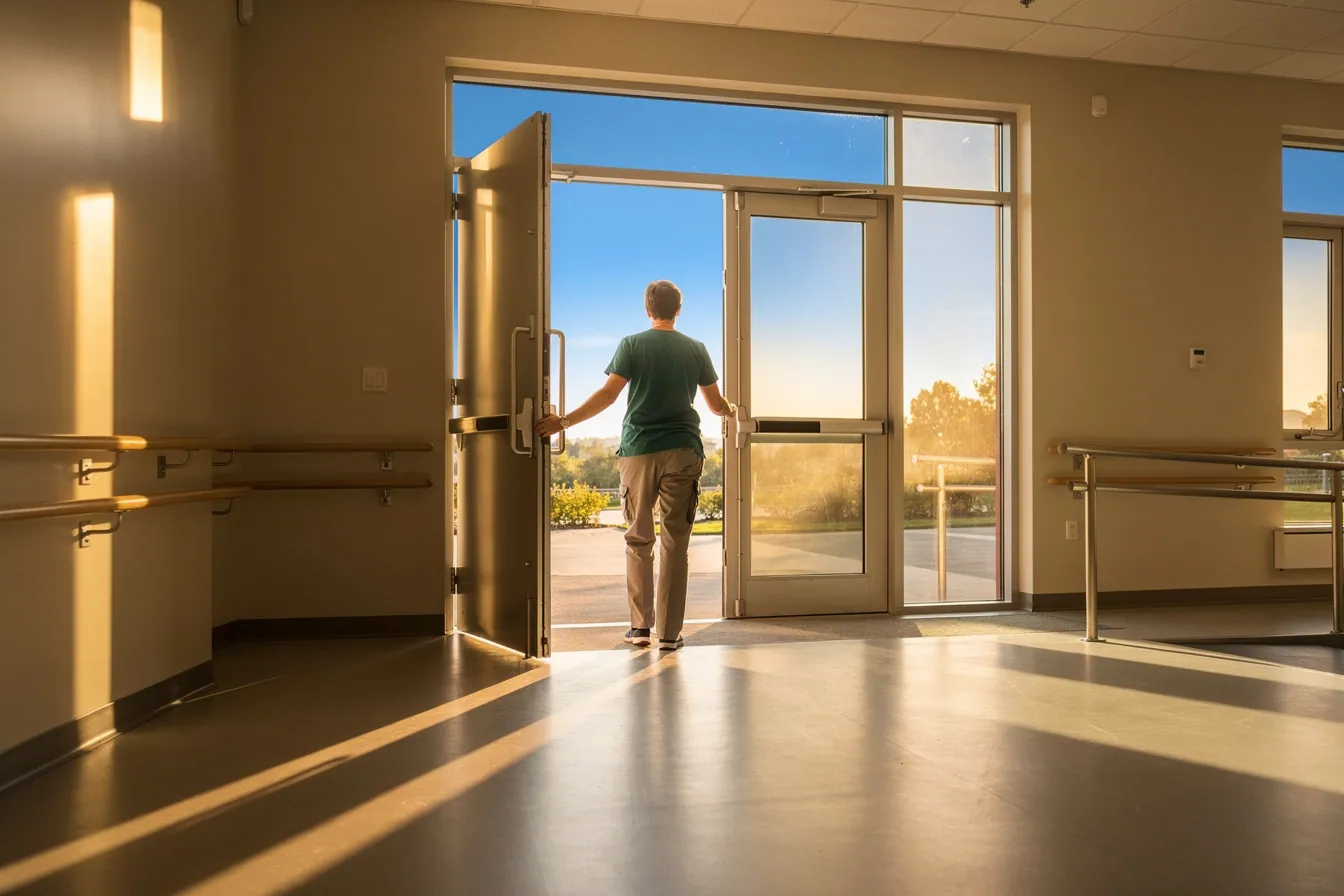 A support worker, seen from behind, opens a door into a bright, accessible community hall.
